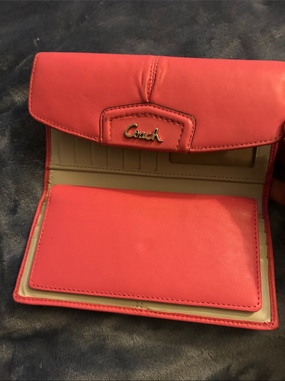 Coach Coral-Pink Leather Continental Wallet with Gold Logo